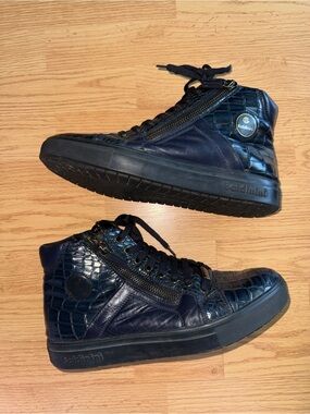 Baldinini Men's Dark Navy Croc-Embossed Leather High-Tops